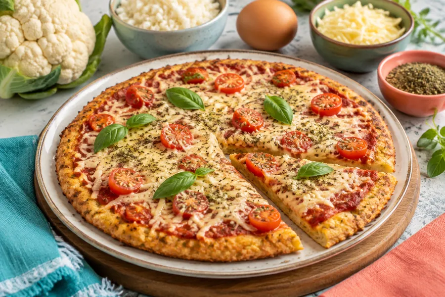 Pizza de coliflor sin gluten ni lactosa
