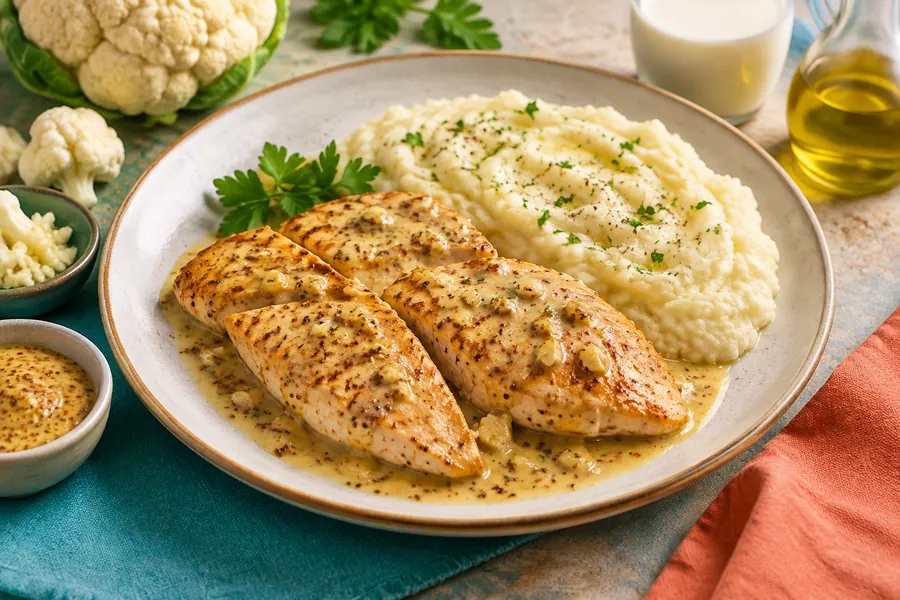 Pollo a la mostaza con puré de coliflor