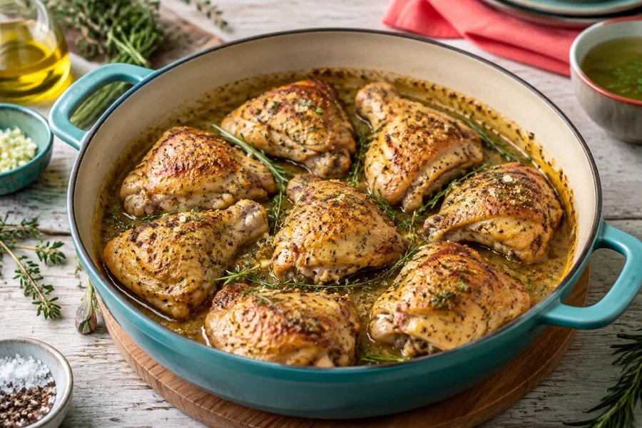 Pollo a la mostaza y hierbas en cacerola