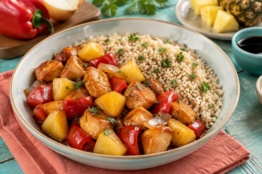 Pollo agridulce con arroz integral