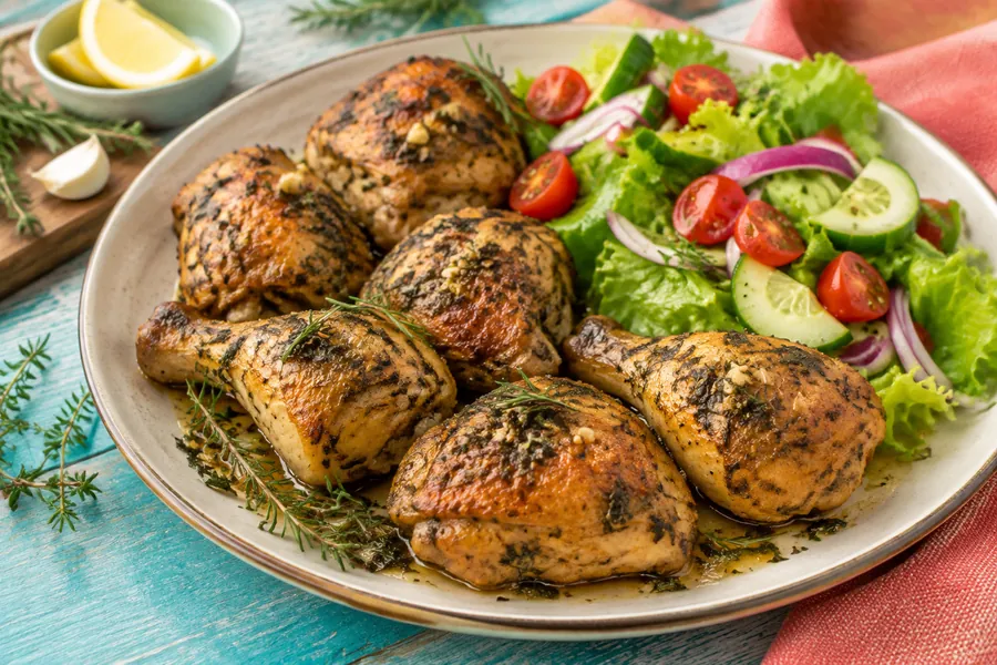 Pollo al horno con hierbas y ensalada