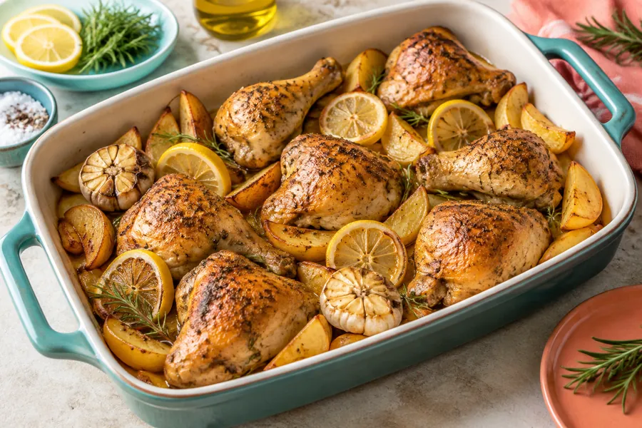 Pollo al horno con limón y papas rústicas