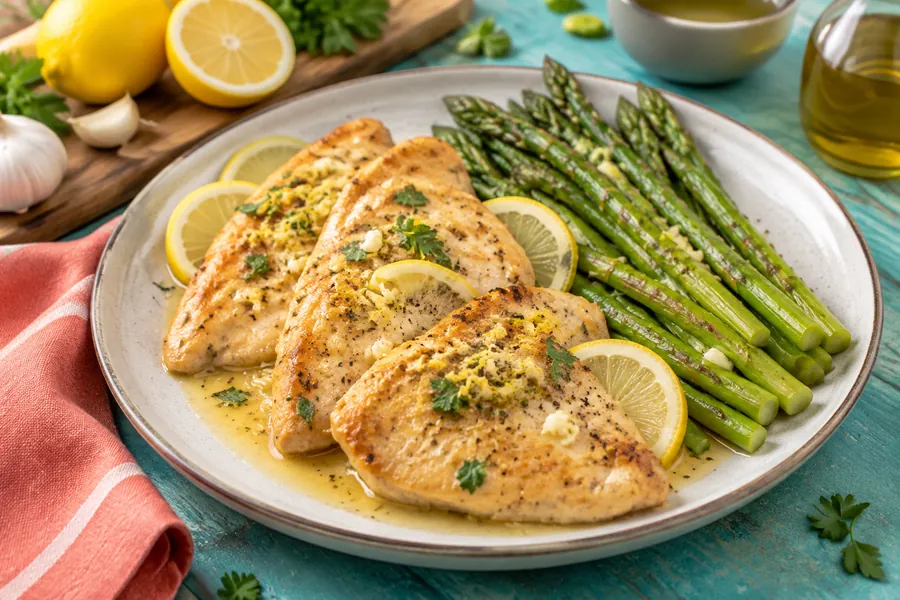 Pollo al limón con espárragos salteados