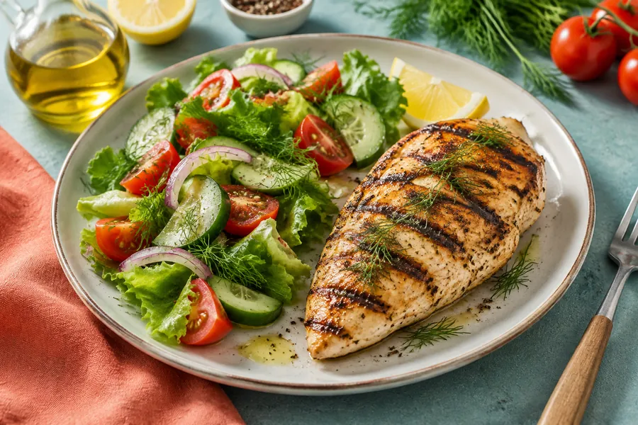 Pollo grillado con ensalada y eneldo