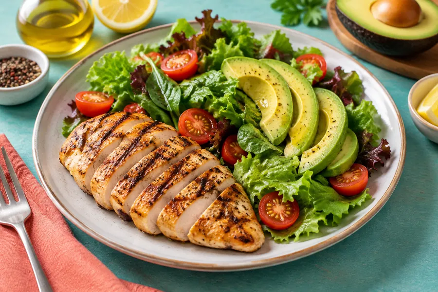 Pollo grillado con hojas verdes y palta