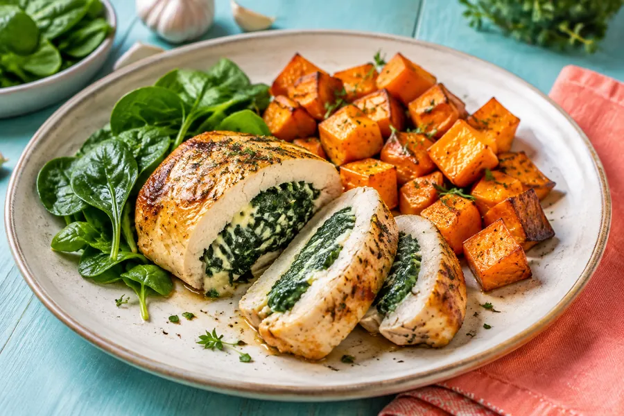Pollo relleno con espinaca y batata al horno
