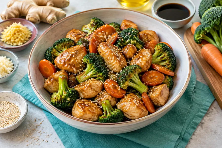 Pollo teriyaki casero con vegetales salteados