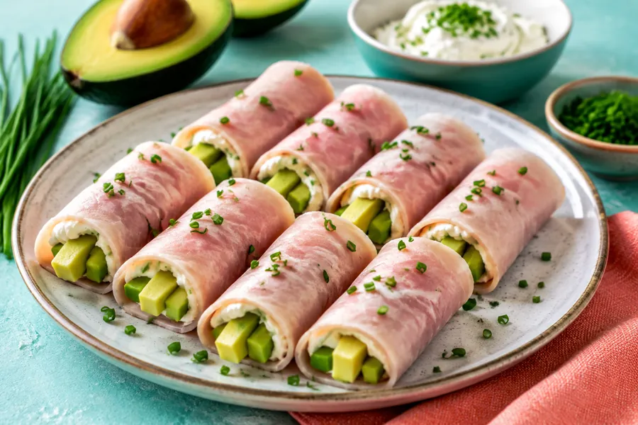 Rollitos de jamón y queso vegetal con palta