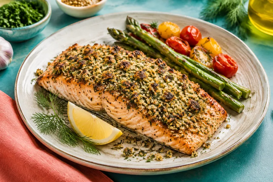 Salmón al horno con costra de hierbas