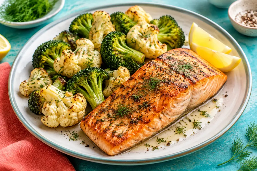Salmón grillado con brócoli y coliflor al horno