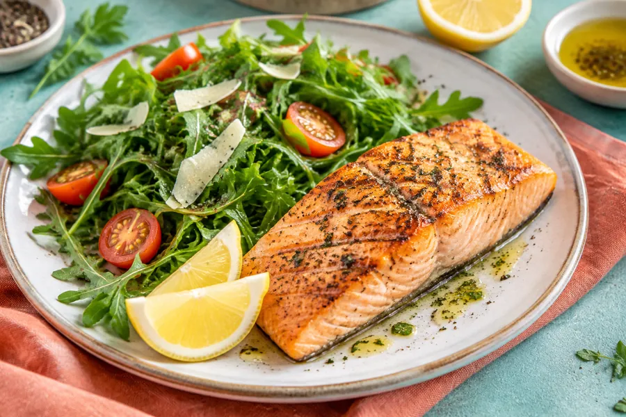 Salmón grillado con rúcula