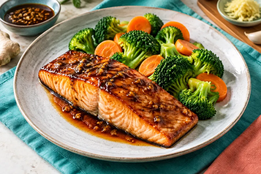 Salmón teriyaki con vegetales al vapor