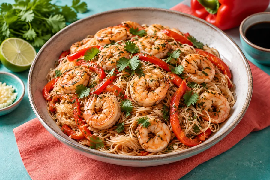 Salteado de camarones con fideos de arroz