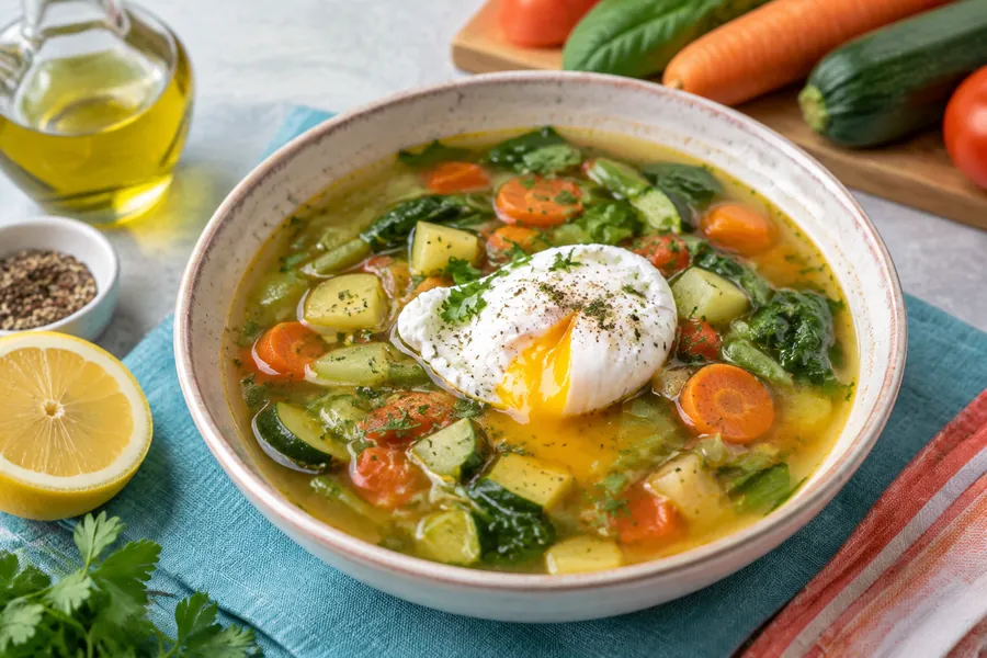 Sopa de verduras con huevo poché