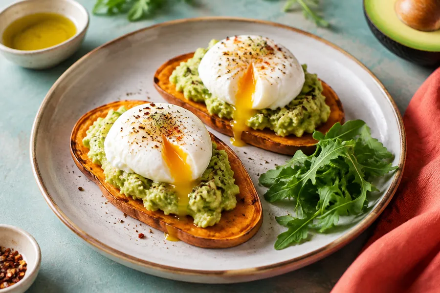 Tostadas de batata con palta y huevo poché