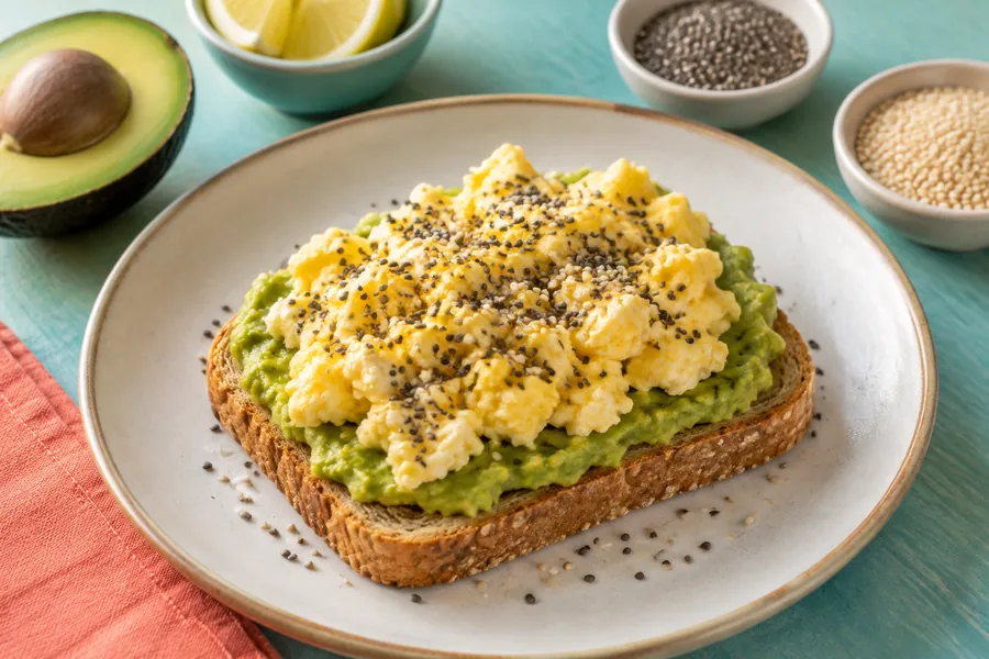 Tostadas de palta con huevo revuelto y semillas