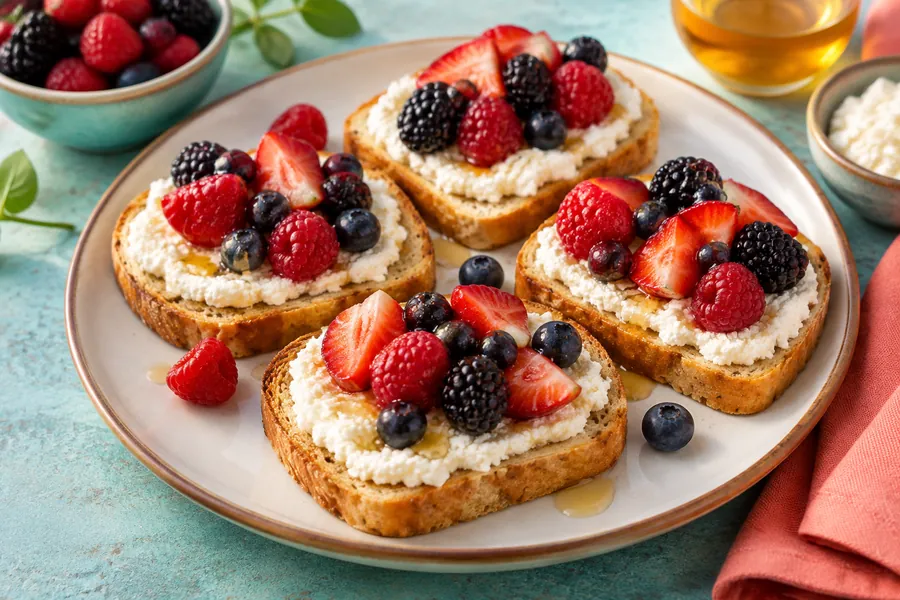 Tostadas de pan sin gluten con ricota y frutos rojos