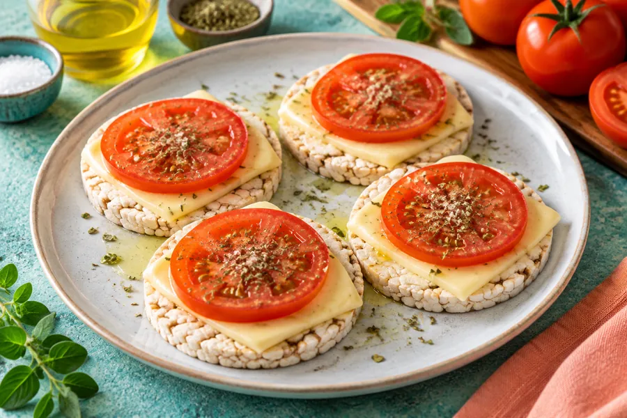 Tostaditas de arroz con queso y tomate