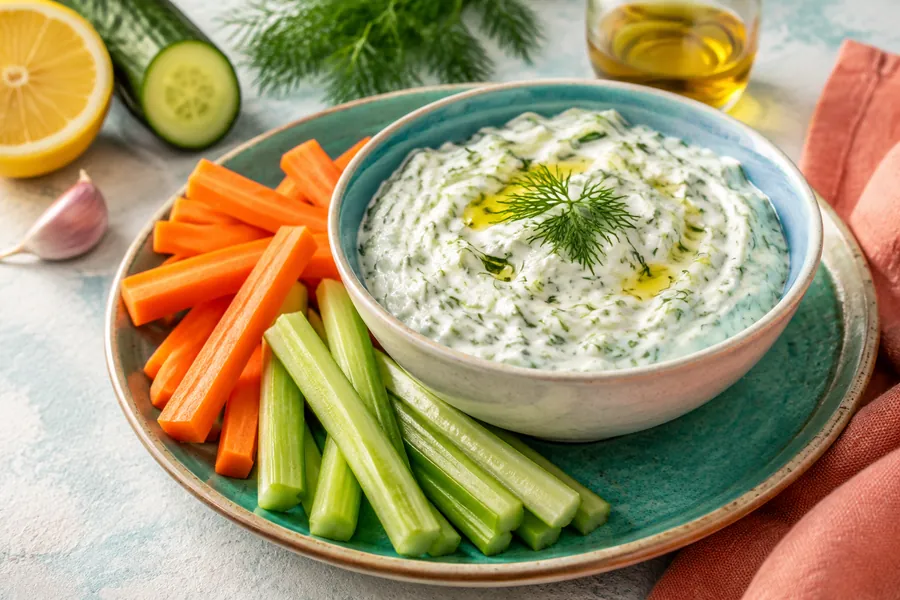 Tzatziki casero con bastones de vegetales
