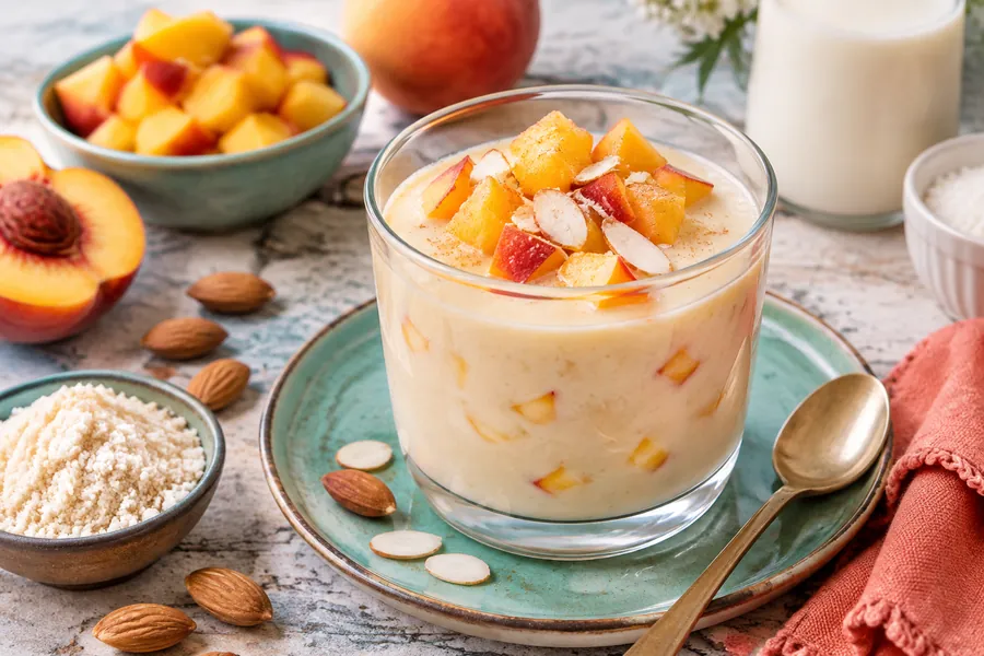 Vasitos de crema de almendrasy duraznos