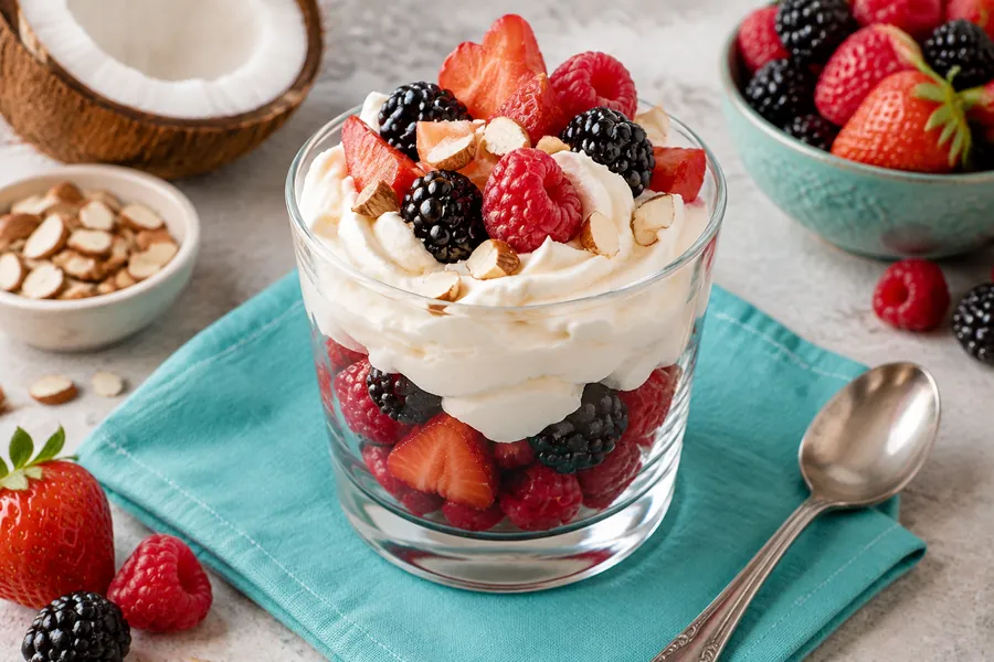 Vaso de frutos rojos con crema de almendras batida