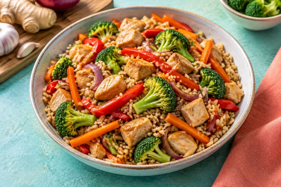 Wok de arroz con pollo  y vegetales