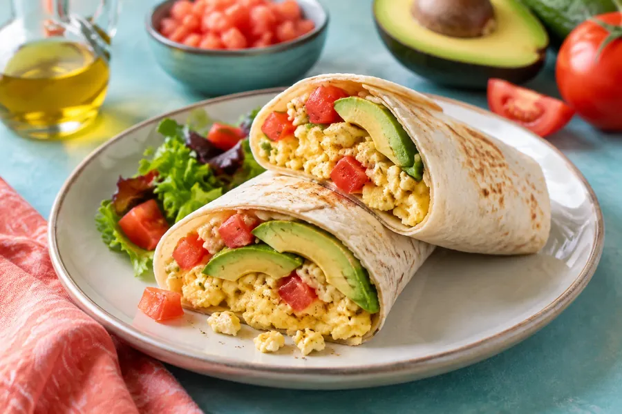 Wrap de desayuno con huevo, palta y vegetales