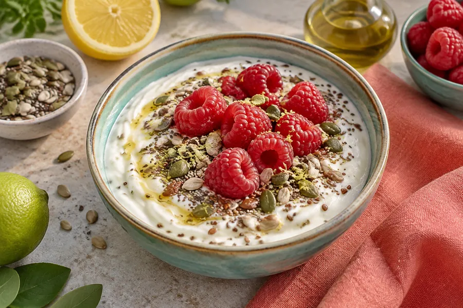 Yogur de coco con semillas y frambuesas